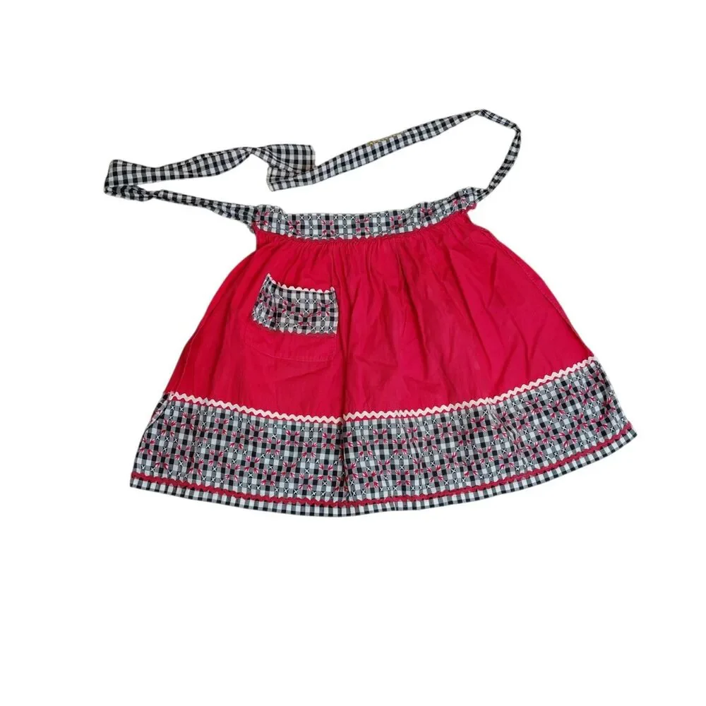Handmade Half Apron Vt 50/60's Cotton Red White Black Embroidered Fabric